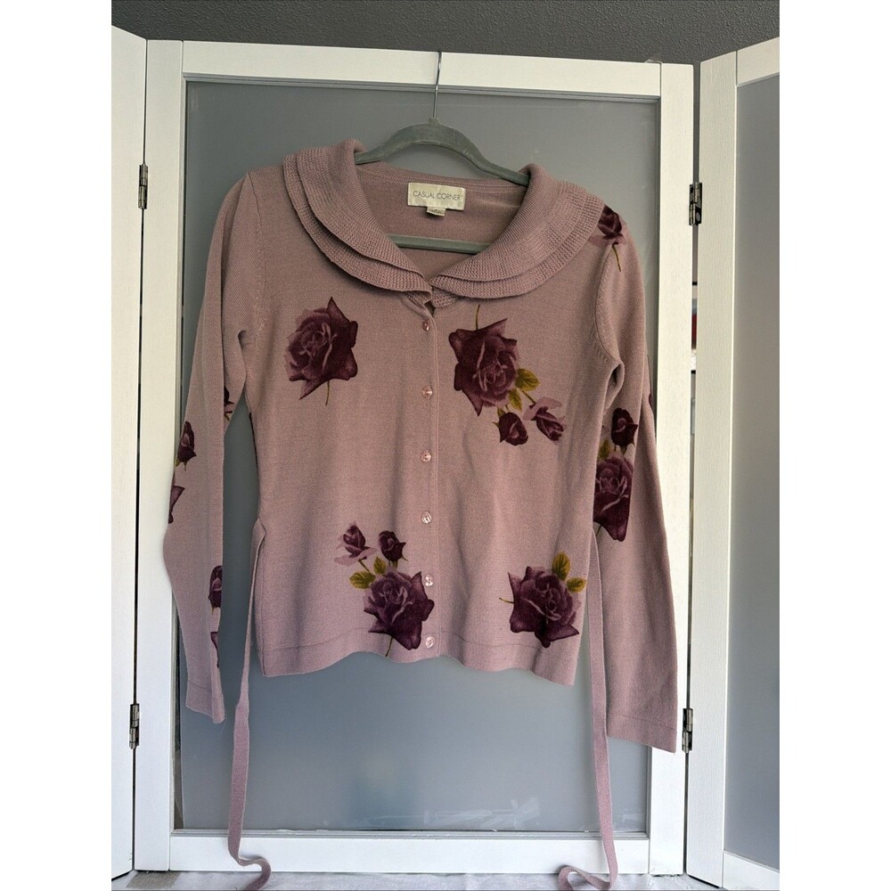 Casual Corner pink rose-print button-front cardigan S